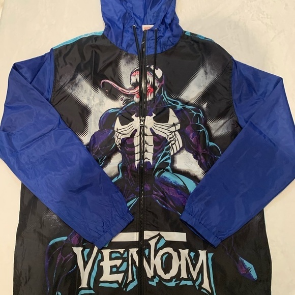 Marvel Spiderman Venom Graphic Blue Hooded Windbreaker Jacket Mens LarMNew - Picture 1 of 7